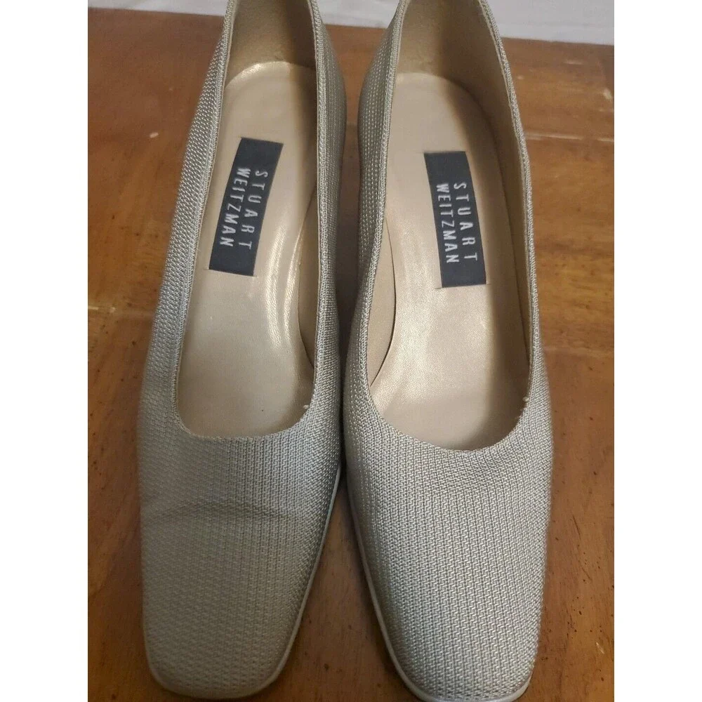 Stuart Weitzman Gold Woven Square Toe Block Heels Shoes Pumps Size 6.5B